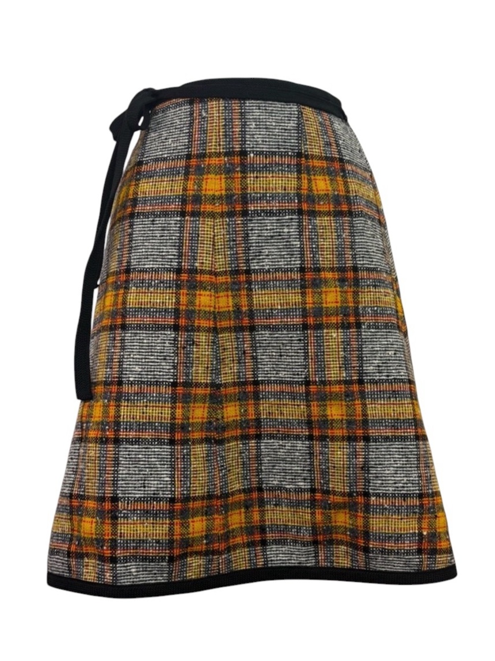 Vintage Wool Tweed Plaid Wrap Skirt w/ Black Tie Closure A-line Preppy Retro